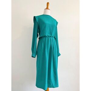 Vintage 80s Teal Silk Midi Dress Button Back Maggy London Jeannene Booher 4 XS S